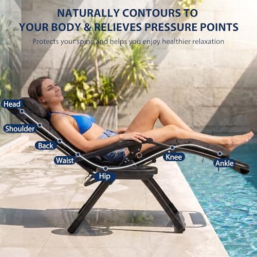 HOMSHADE Oversized Zero Gravity Chair, 33In XXL Outdoor Recliner Chair w/Removable Cushion&Headrest, Reclining Patio Chairs for Indoor, Camping Lounge Chair with Footrest, Support 500LBS, Black