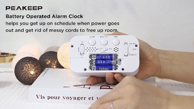 Peakeep Night Light Digital Alarm Clock Battery Operated with Indoor Temperature, Desk Small Clock (White)