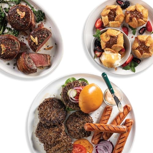 Omaha Steaks Deluxe Gift Package (4 Bacon-Wrapped Filet Mignons, 4 Steak Burgers, 4 Gourmet Jumbo Franks, 4 Potatoes au Gratin, 4 Caramel Apple Tartlets, 1 jar Omaha Steaks Seasoning)