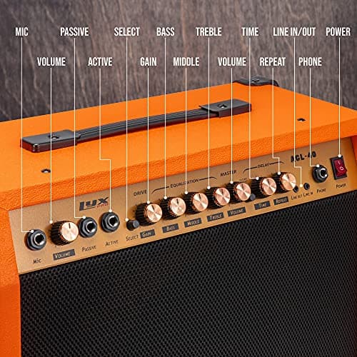 LyxPro 40 Watt Electric Guitar Amplifier | Solid State Studio Amp with 8” 4-Ohm Speaker, Custom EQ Controls, Drive, Delay, ¼” Passive/Active/Microphone Inputs, Aux in & Headphone Jack - Sunburst