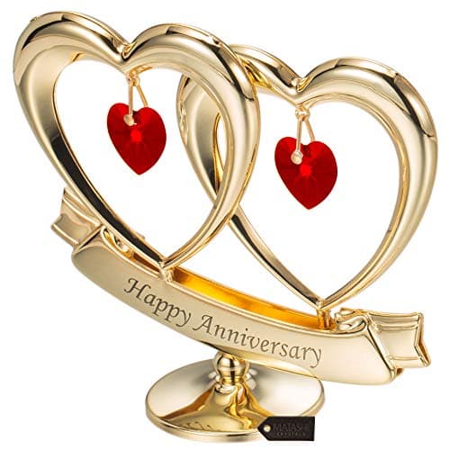 Matashi 24K Gold Plated "Happy Anniversary" Double Heart Table Top Ornament With Red-Cut Crystals