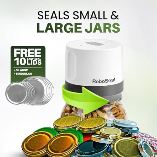 RoboSeal Rechargeable Mason Jar Vacuum Sealer for Mason Jars Wide & Regular Mouth, One Touch Operation, 10 Jar Lids and Jar Opener Included, Digital Battery Indicator, Preserves Foods 5x Longer