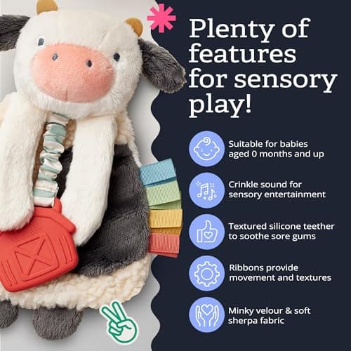 Baby Lovey With Soft Sherpa, Plush Minky, Silicone Teether, Crinkle Sounds, Textured Ribbons, and Interactive Dangle Arms Itzy Ritzy Lovey Including Teether, Teething Relief, 0 Months & Up (Cow) B0CQRVXT68