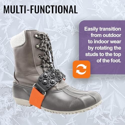 Global Glove Ice Gripster Treads Nonslip Traction Cleats for Snow and Ice, Anti-Slip Overshoe Mid-Sole Crampons with Adjustable Straps, 7 Tungsten Studs for Secure Grip, Orange and Black