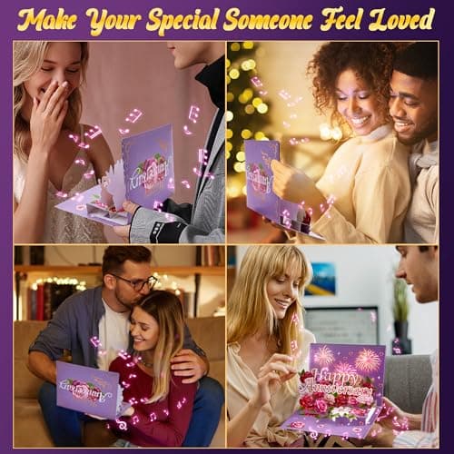 Airpark Anniversary Card with Music & Lights, 3D Pop Up Happy Anniversary Cards for Him Her Husband Wife Couple, Fireworks & Rose Lily Paper Flowers