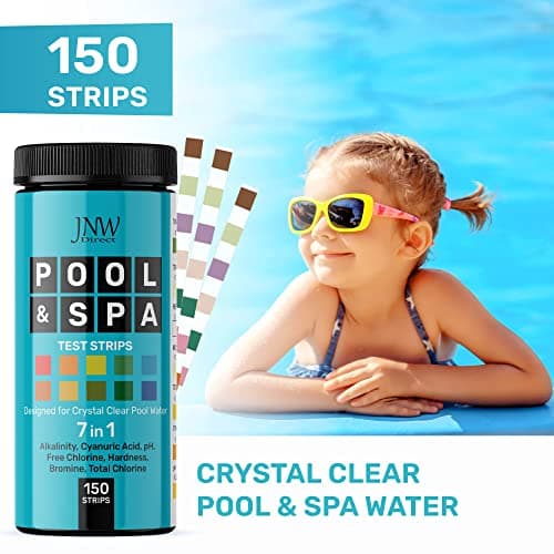 JNW 7-in-1 Pool Test Strips, 150 Quick & Accurate Test Strips for Pool Water, Spa Test Strips for Hot Tub, Chlorine Test Strips, Bromine, pH, Alkalinity, Hardness & More - Swimming Pool Test Kit