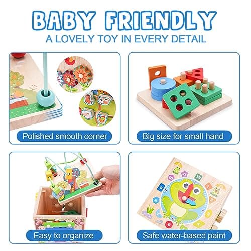 Wooden Activity Cube | Montessori Toys for 1 2 3 Year Old Toddlers | One Year Old 1st First Birthday Gift | Educational Toys for 12+ Months Baby Boys Girls | Bonus Sorting & Stacking Game (Pink)