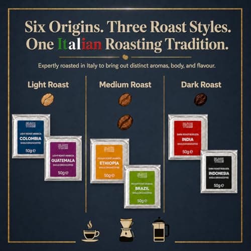 UNIQBITE World Coffees Gift Set, Six Single Origin Ground Coffee Variety Pack, Coffee Sampler from Around the World, Light, Medium & Dark Roasts, Roasted in Italy, 10.58 oz (300g) B0H3XNK2G3