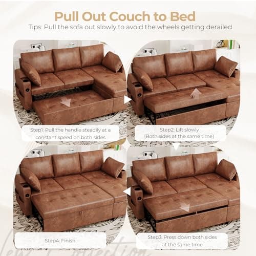 JFHID Leather Sleeper Sofa Couch with Pullout Bed, 80'' Sofa Bed Pull Out Couch with Reversible Storage Chaise, Sectional Couches with USB Charging Ports&Cup Holders for Living Room, Brown