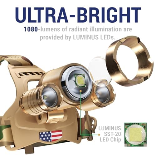 DanForce Camouflaged Headlamp Ultra Bright USB Rechargeable Head lamp. Tactical Head Flashlight Designed Especially for Hunting & Fishing. LED Headlamps LUMINUS 1080 Lumens Headlight with Red Light