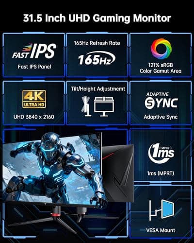 KTC 32 Inch 4K Gaming Monitor, 165Hz UHD (3840x2160P) Fast IPS Screen, 1ms (MPRT), Adaptive Sync, 3000:1 Contrast,121% sRGB,HDMI 2.1 Display Port 1.4, Tilt/Height Adjustment, VESA Mount, H32P22P