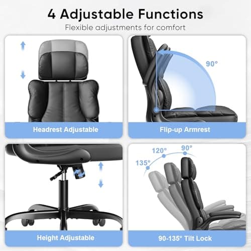 Kensaker Executive Leather Office Chair, Computer Chair with Thick Cushion & Lumbar Support, Ergonomic Desk Chair with Adjustable Headrest & Armrests,Black