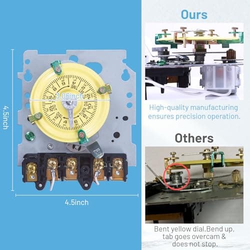 T104M Mechanical Time Switch (Mechanism Only), 208-277V AC 40A DPST, 24-Hour Dial with 12 ON/Off Trips, Heavy-Duty Timer Switch for Pool Pumps Water Heater Lighting and HVAC, with 4 Timer Trippers