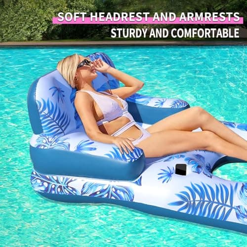 Pool Floats Adult, Pool Floaties with Cup Holder and Phone Holder, Pool Lounger Float with Headrest, Backrest and Footrest, 65" Thicken PVC Inflatable Pool Float for Adult Pool Party Beach Cool