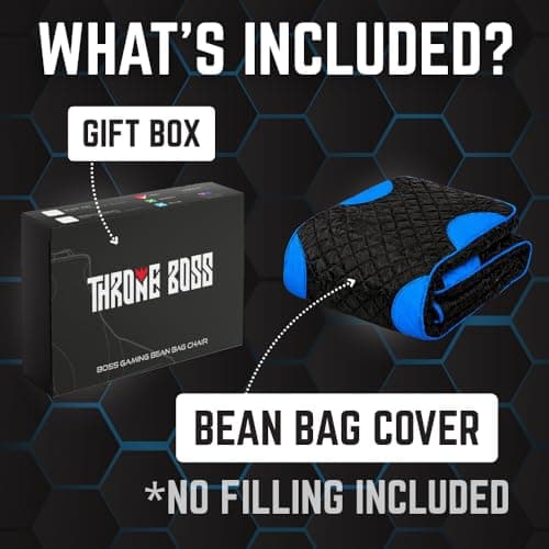 Throne Boss Gaming Bean Bag Chair Cover for Kids with High Back, Blue – Gamer Chair for Kids with 2 x Large Side Pockets, Headphone Hanger, Easy to Clean Fabric, Requires 200 Liters Polystyrene Beans