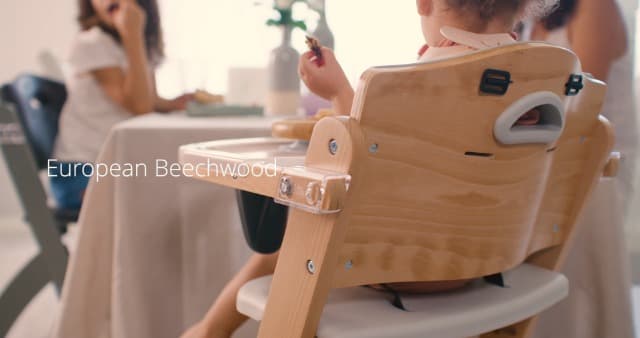 Abiie Beyond Junior Wooden High Chair for Babies and Toddlers - Convertible 3-in-1 Baby Highchair with Removable Tray - 6 Months to 250 Lb - Water Resistant - Natural Wood/Dove Grey Cushion
