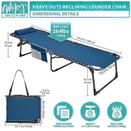 #WEJOY Folding Lounge Chair Outdoor, 5-Position Adjustable Sunbathing Tanning Chair with Shoulder Strap & Side Pocket, Heavy Duty Reclining Chair for Patio Pool Camping, Portable Folding Bed Cot,Blue