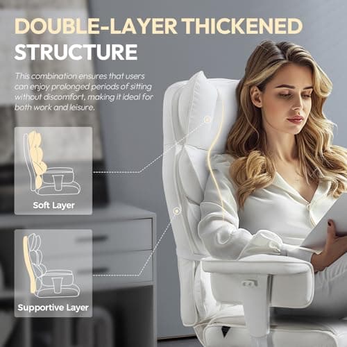 Dowinx Big and Tall Office Chair with Pocket Spring Cushion,High Back Computer Gaming Chairs with Adjustable Armrests and Lumbar Support,Executive Desk Chairs with Footrest(PU,White)