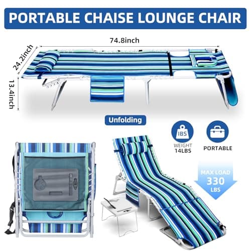 3-in-1 Beach Chair Face Holes, Lounge Chair Outdoor with Folding Side Table, 5-Position Recliner, Lay Flat, Removable Pillow, Heavy Duty, Max 330lbs, Poolside, Patio, Camping, Backyard Striped Blue