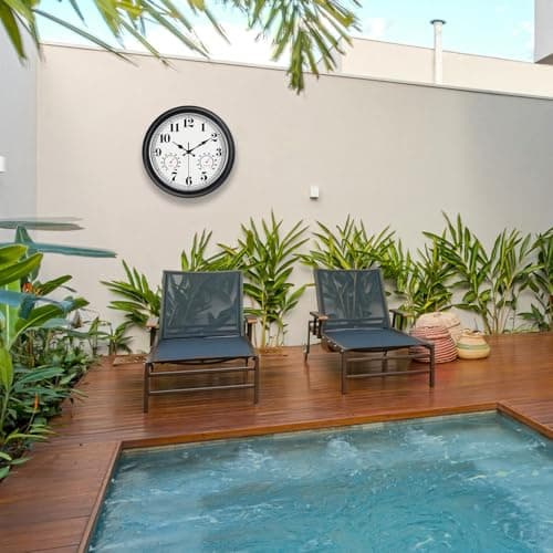 45MinST 13-Inch Vintage Outdoor Wall Clock with Thermometer and Hygrometer, Waterproof, Large Numbers, Silent, for Indoor and Outside Use,Porch,Garden,Pool(Black Frame with Silver Trim)