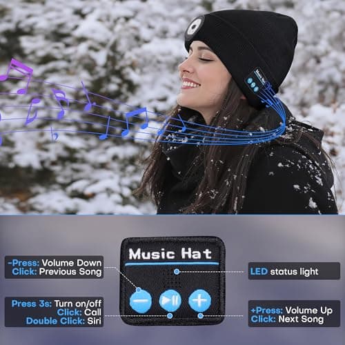 Bluetooth Beanie with Light, USB-C Charging 5 LED Flashlight Hat, Built-in Stereo Speakers Mic, Christmas Stocking Stuffers White Elephant Gifts for Men Dad Teens Boys for Camping Fishing B0DJ17Q4X3