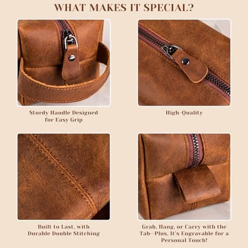 Personalized Leather Toiletry Bag for Men - Handmade Custom Engraved Dopp Kit, Perfect Gift for Dad, Husband, Birthdays & Anniversaries, Groomsmen Gifts, Travel Size Bag, Gifts for Him