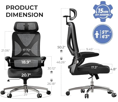 Ergonomic Office Chair with Headrest, Lumbar Support, Flip-Up Armrests, Thick Memory Foam Seat - 350lbs Capacity, Adjustable Height for Big & Tall, Perfect for Home Office Studios