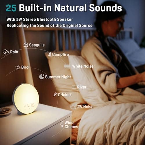 Sunrise Alarm Clock White Noise Sound Machine with 25 Soothing Sounds, 17 NightLights, Bluetooth Speaker Wake Up Light Alarm Clock for Bedrooms, Heavy Sleepers, Baby, Kids, Adults, Seniors, Ideal Gift
