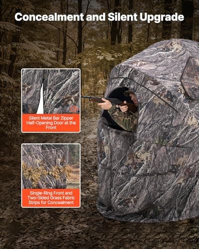 VEVOR Hunting Blind，See Through Ground Blinds with Carrying Bag, 360 Degree Portable Camouflage Tent，Durable Concealed Shelter with Silent Side Door and Window, for Turkey and Deer