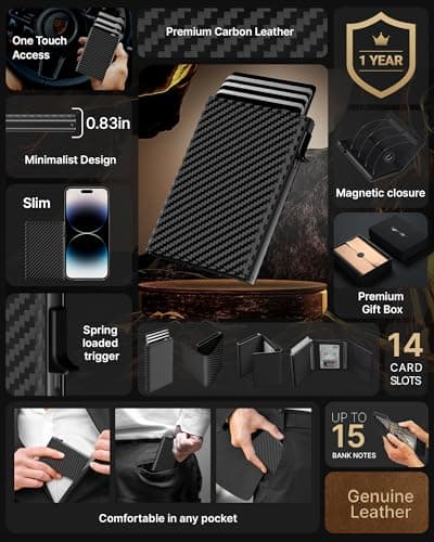typecase Mens Wallet Card Holder: Pop Up Aluminum Case, Genuine Leather, Smart, RFID Blocking, Slim, Minimalist, Front Pocket - 9-14 Card Capacity | ID Window | Cash Slot (Carbon Fiber)