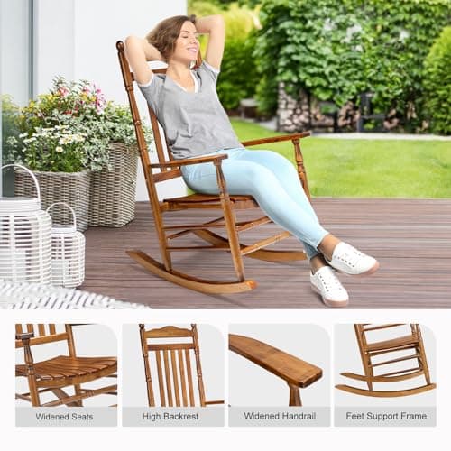 VINGLI Wooden Rocking Chair, Outdoor Chair with 450 lbs Support, Relaxing Rocker with Solid Wood High Back Seat Reclining Seat for Deck, Garden, Backyard, Porch, Indoor or Outdoor Use (Teak, 1PC)