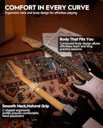 STRICH Electric Guitar Left Hand Beginner Kit, Solid Body 39" Electric Guitar HSS Pick Up for Starter, with 5W x 2 Amp, Bag, Digital Tuner, Capo, Strap, String,Cable, Picks, SST-S20L Black