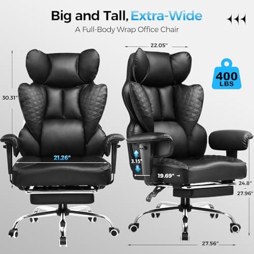 GTRACING Big and Tall Gaming Chair 400lbs Heavy Duty Office Chair with Foot Rest & Ergonomic Pocket Spring Lumbar Support, High Back 3D Saddle Shaped Cushion for Back Pain Relief, Matte-Black