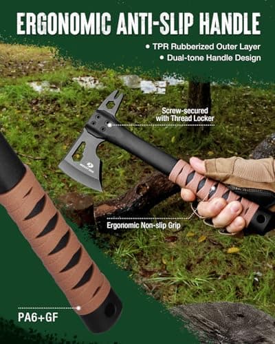 MOSSY OAK 12" Camping Axe and Survival Hatchet with Sheath, Compact Outdoor Multitool Hatchet with Hex Wrench Slots, Non-Slip Dual-Color Handle, Small Camping Gear for Hiking, Chopping, Hunting