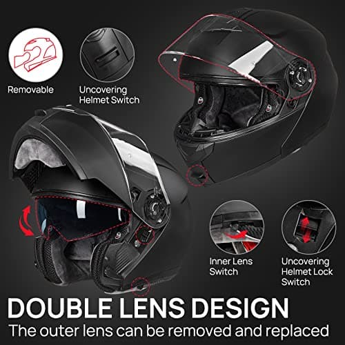 ILM Adult Motorcycle Modular Full Face Helmet Flip up Dual Visor DOT Approved Model 159(Matte Black,Large)