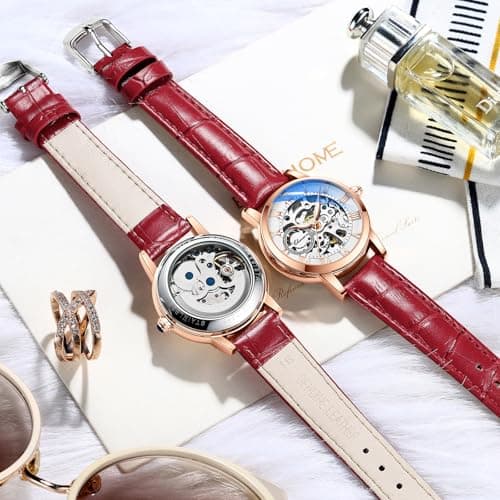 MASTOP Women's Sapphire Watches Automatic Steampunk Self Winding Mechanical Gold Bracelet Ladies Skeleton Wrist Watch Leather Strap for Ladies Famale