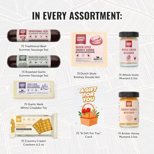 Roasted Garlic & Smoked Beef Sausages, Gouda & Garlic Herb White Cheddar, Crackers, Whole Grain & Amber Honey Mustard Farmers Market Traditional Charcuterie Gift Box with Summer Sausage &Cheese B093CGRM2T