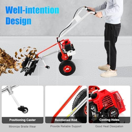 43CC 2 Stroke Gasoline Powered Broom Sweeper, 1.25kw/1.7hp Driveway Lawn Grass Sweeper Snow Cleaning Grit, 8500rpm Hand Push Walking Snow Sweeper for Garden Lawn Yard Sidewalk Turf Grass Cleaning