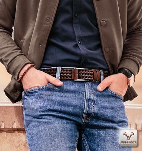 BULLIANT Men Belt, Braided Leather Belt Adjustable For Men Casual Jeans Golf 1 3/8"