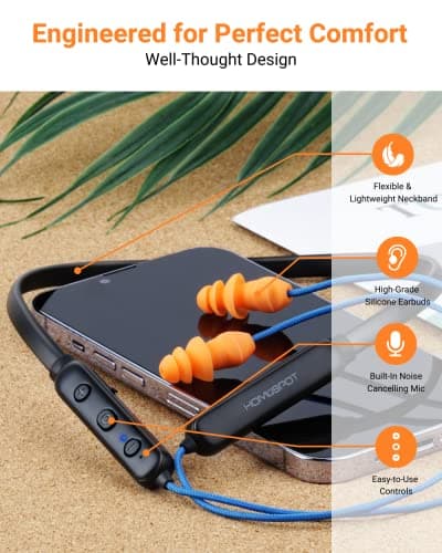 HomeSpot Noise Reduction Wireless Neckband Headphones with Qualcomm aptX HD, 27dB NRR, CVC Noise Cancelling Mic & Controls and 20H Playtime for Work Safety OSHA Compliant - Blue Wire Orange Earbuds