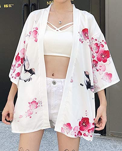 LAI MENG FIVE CATS Women's Floral Print Puff Sleeve Loose Blouse Japanese Kimono Cover up Casual Cute Tops