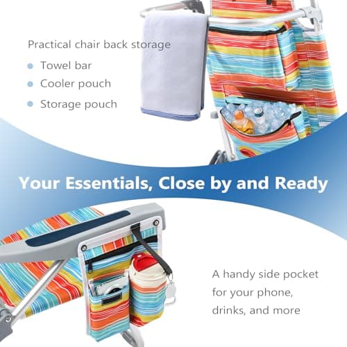 PASAMIC Backpack Beach Chair for Adults Portable, Lay Flat Reclining Beach Chair with 5 Positions, Tall Heavy Duty Folding Chairs with Cup Holder, Cooler Pouch, Towel Bar, Multicolor Stripe