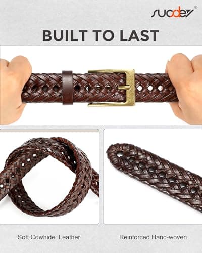 SUOSDEY Braided Genuine Leather Belt for Men, 1.2" Width Men’s Casual Woven Leather Belt for Jeans Pants