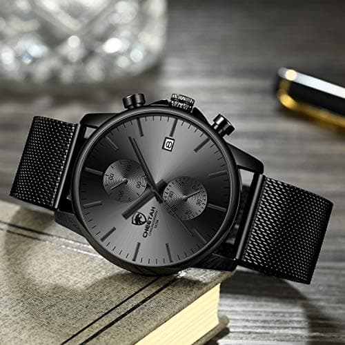 GOLDEN HOUR Mens Watch Fashion Sleek Minimalist Quartz Analog Mesh Stainless Steel Waterproof Chronograph Watches for Men with Auto Date