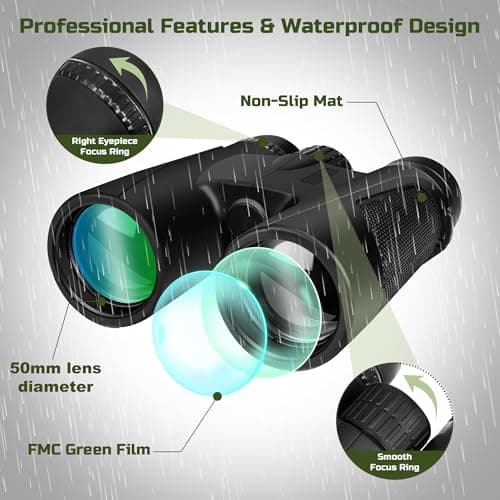 High Power 15X50 Binoculars for Adults Waterproof 50mm Big Eyepiece Fogproof Binoculars with BAK4 Prism FMC Lens for Outdoor Stargazing Hunting Traveling Wildlife Bird Watching (Black)