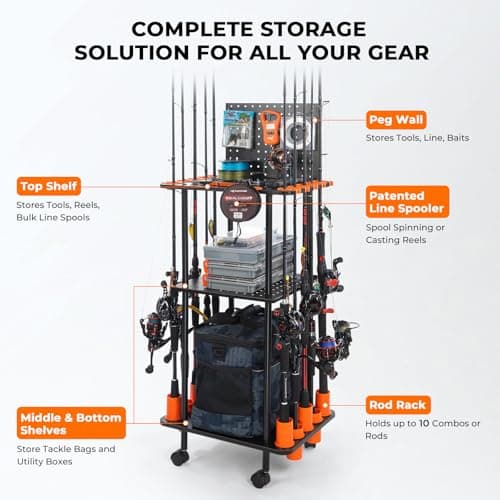 KastKing V10 Gear Trolley, Indoor Fishing Rod Holder for 10 Combos, 3-Tier Fishing Accessory Shelves With Peg Wall, Patented Built-in Line Spooler, Mobile Tackle Storage Cart With Locking Wheels