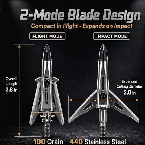5 Pack Mechanical Expandable Broadheads 100 Grain – Crossbow & Compound Bow Compatible, 2-Inch Cut, 440 Stainless Steel Blades & Chisel Tip, Turkey Deer Small Game Hunting Archery Arrow Tips