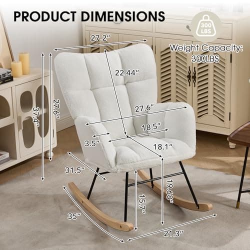 Nursery Rocking Chair, Teddy Upholstered Glider Chair with Thick Cushion, Tufted Gliding Rocker Chair with Wood Leg, Cozy Rocking Armchair, Accent Rocking Chair for Living Room (Ivory)