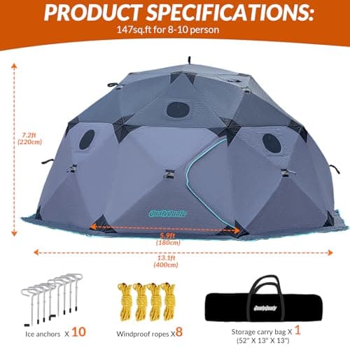 QualyQualy Insulated Pop-Up Tent with Floor - 8-10 Person Ice Fishing Shelter, 147sq.ft Windproof Ice Shack Hut with Stove Jack, Carrying Bag