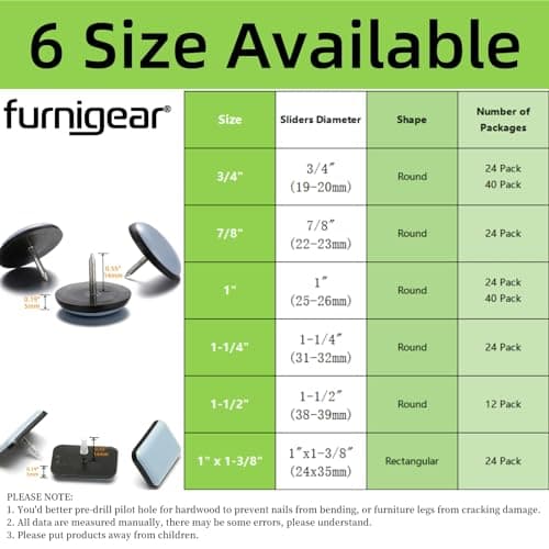 1" Nail on Furniture Sliders (24 Pack) - Furnigear Heavy Duty PTFE (Teflon) Chair Sliders Glides Wooden Furniture Movers Move Your Furniture Easily & Safety - Best Chair Leg Floor Protectors